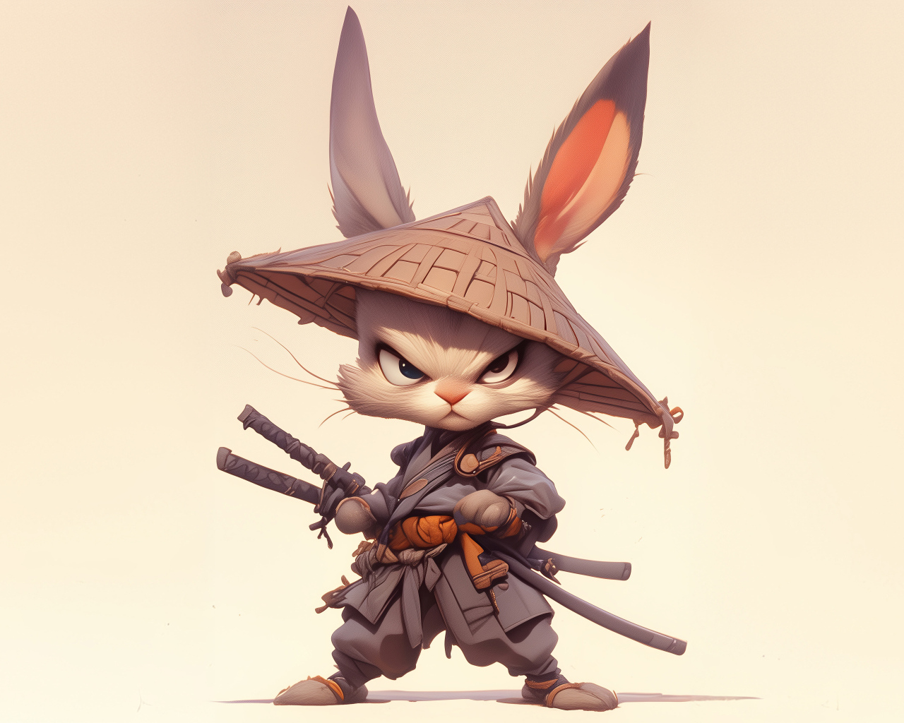 Кролик самурай с двумя катанами на светлом фоне в соломенной шляпе