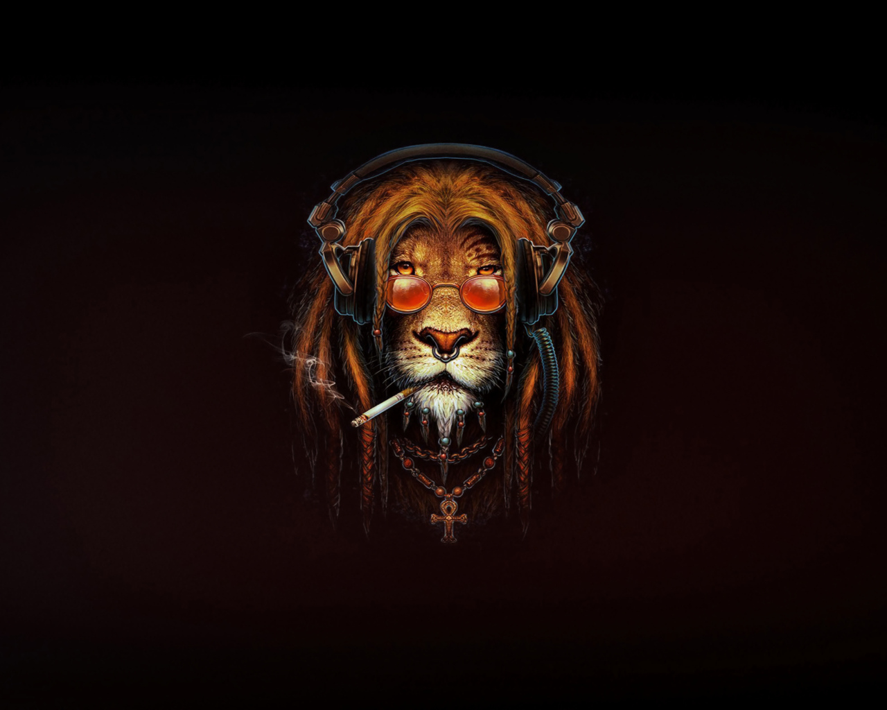 Лев растаман с сигаретой на черном фоне