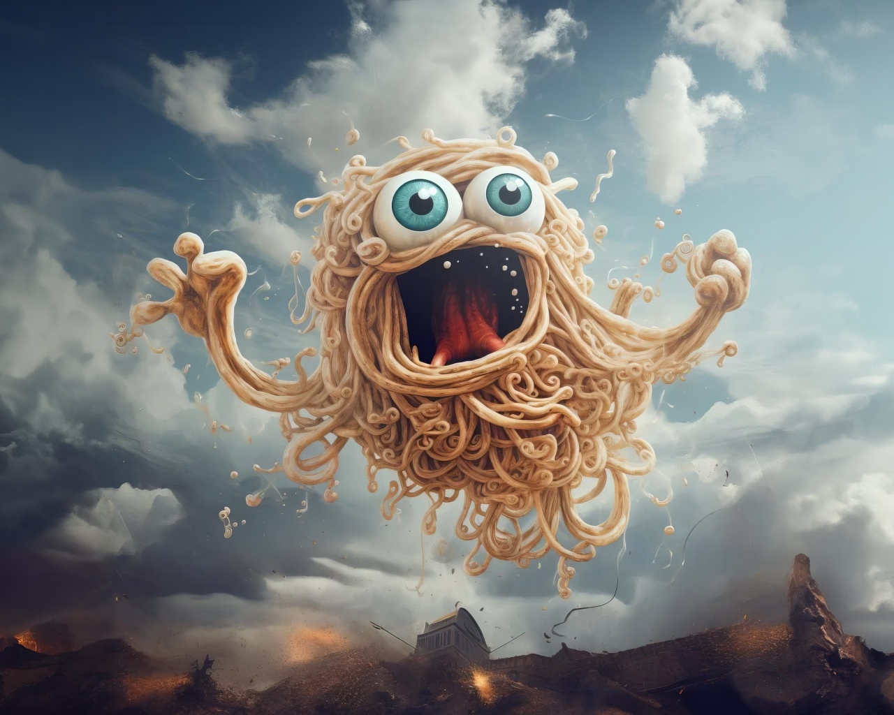 Макаронный монстр на фоне неба