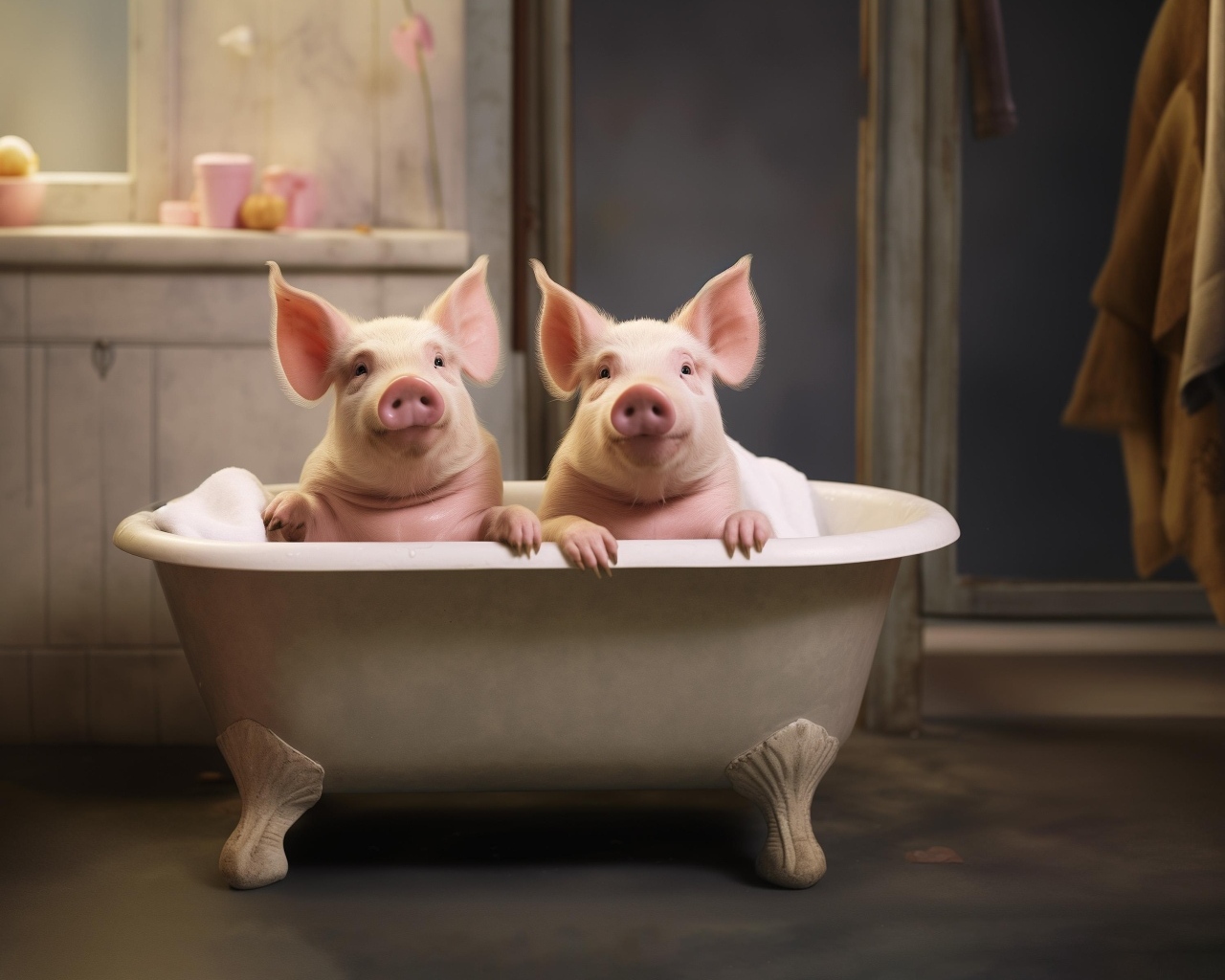 Два розовых поросенка в ванной