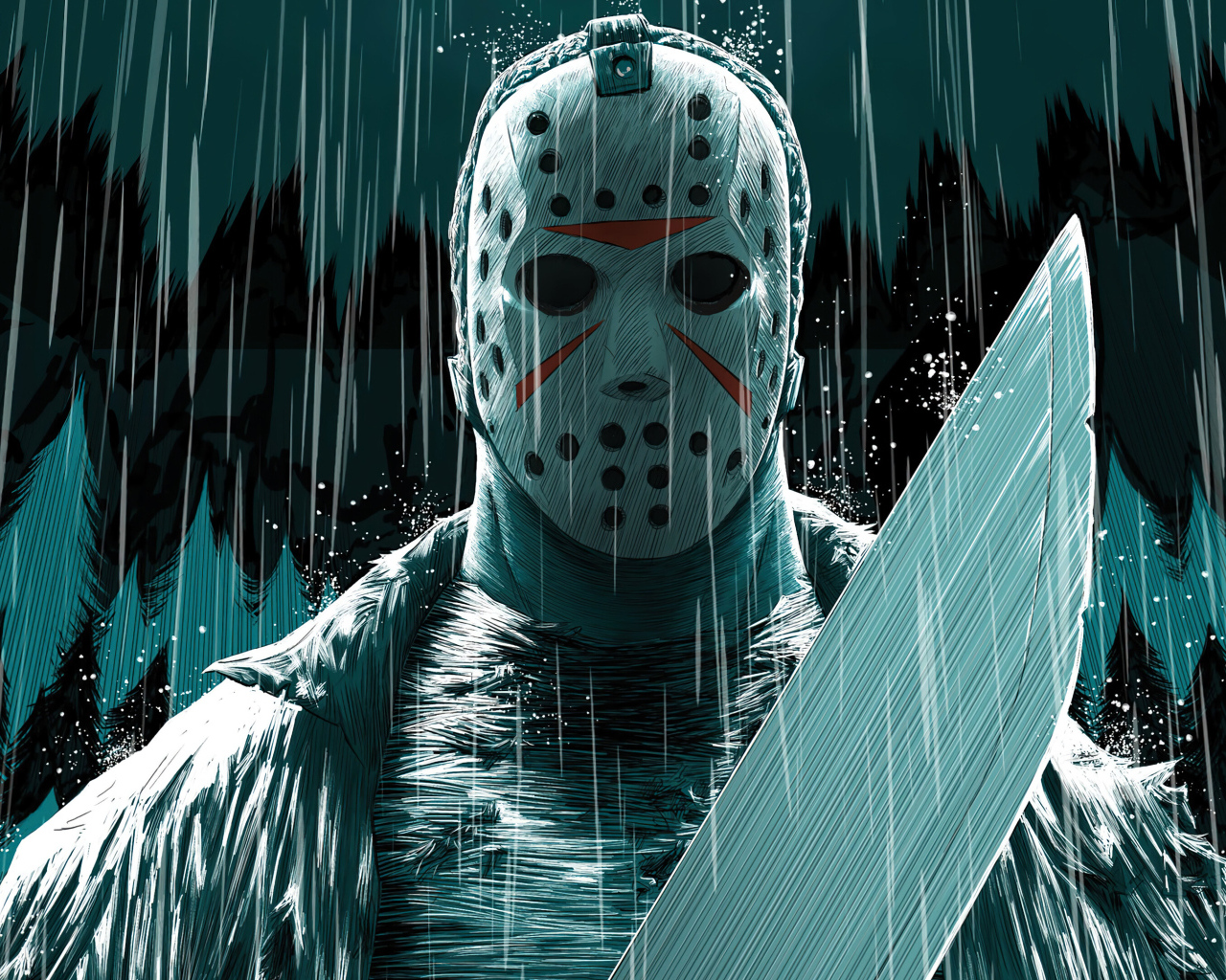 Мужчина в маске с мачете в руках