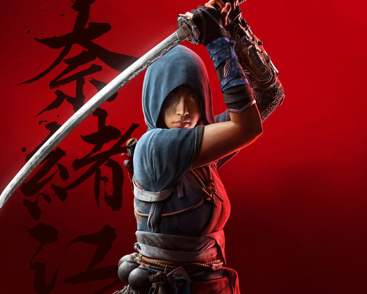 Красивая девушка самурай с катаной на красном фоне компьютерная игра Assassin’s Creed Shadows