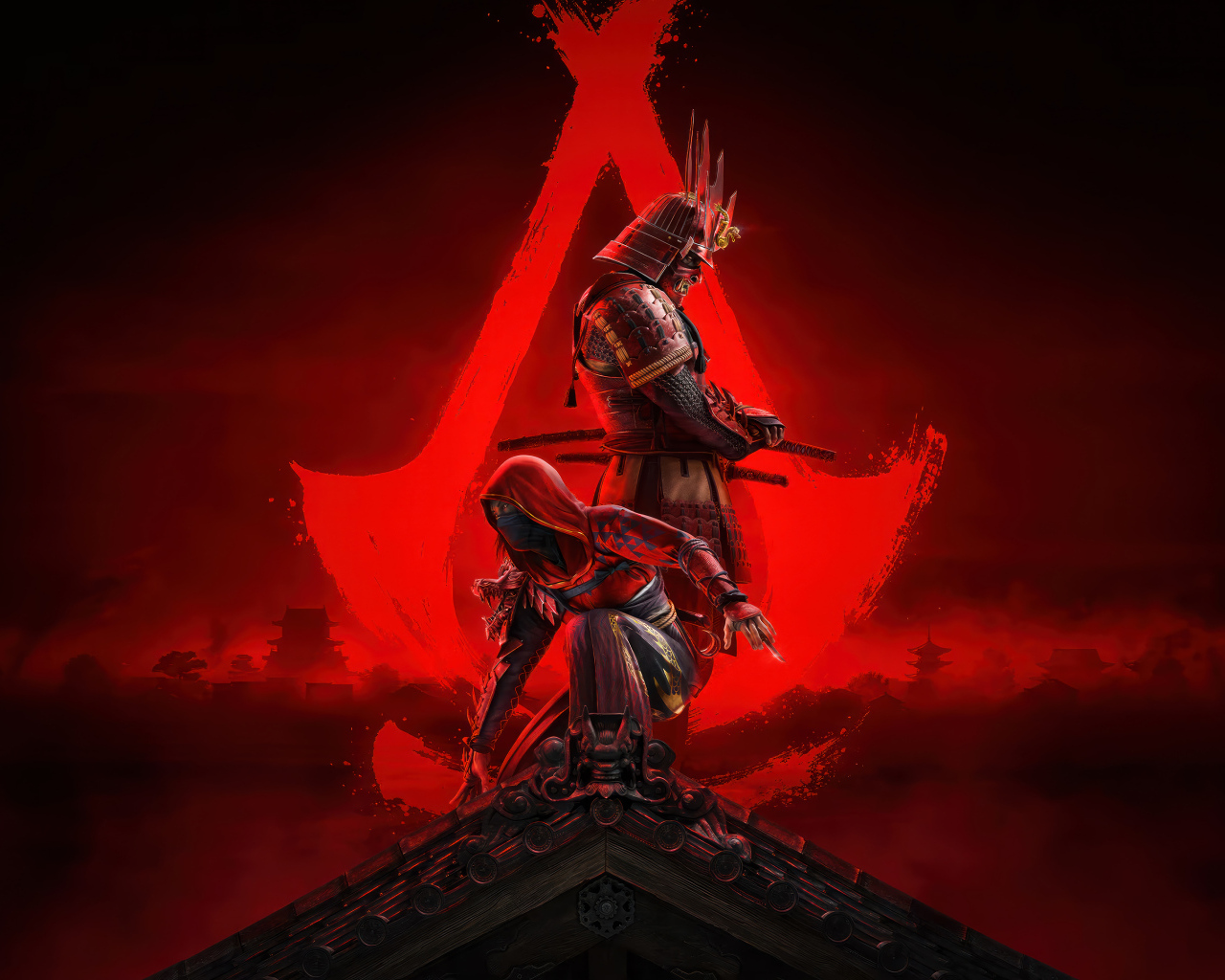 Яркий красный постер компьютерной игры Assassin’s Creed Shadows, 2024