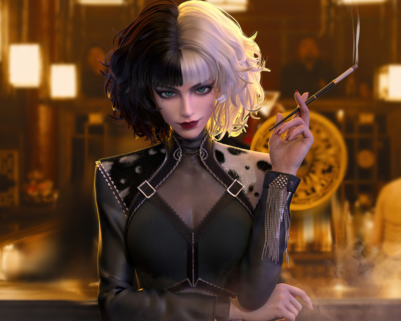 Круэлла с сигаретой в баре