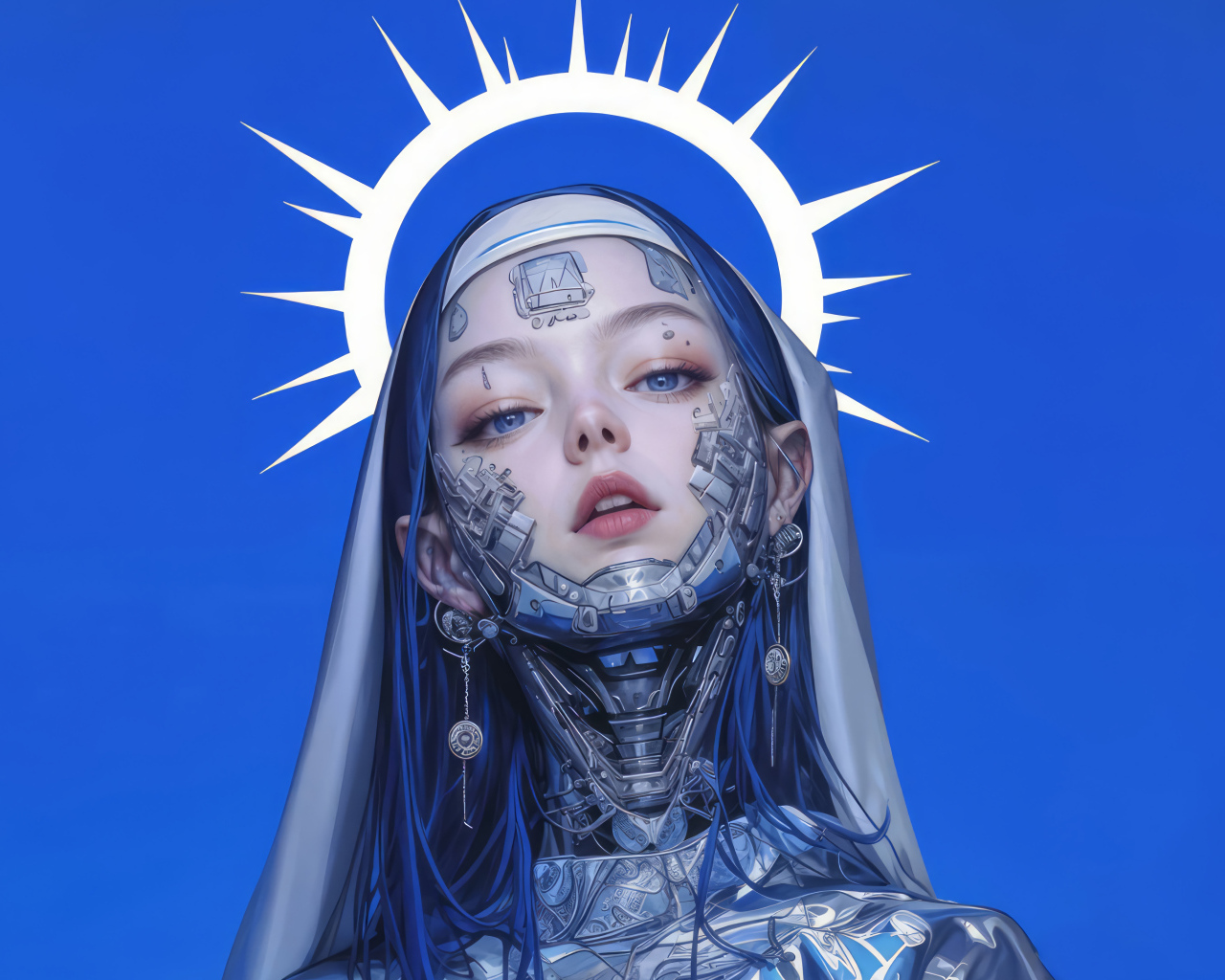 Девушка киборг cyberpunk на синем фоне