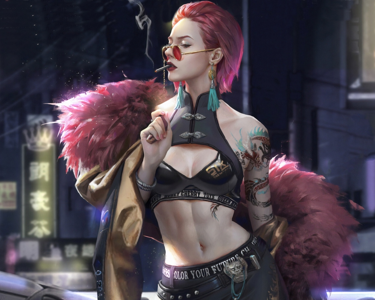 Девушка cyberpunk с сигаретой во рту