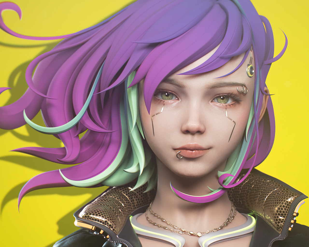 Девушка cyberpunk с сиреневыми волосами