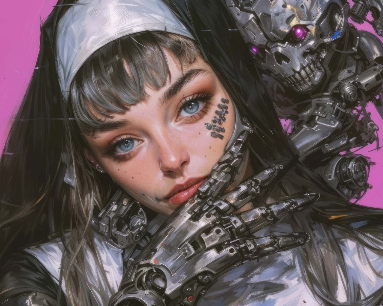 Девушка монашка киборг на розовом фоне