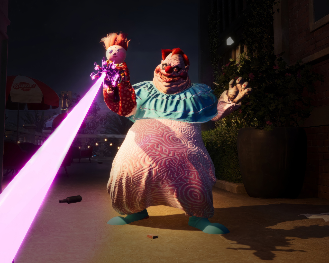 Толстый злой клоун из компьютерной игры Killer Klowns from Outer Space: The Game, 2024