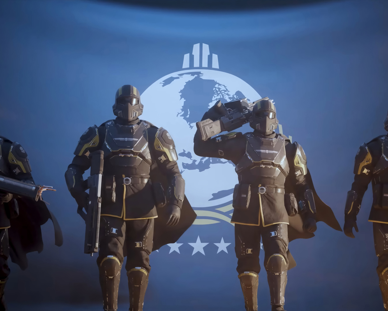 Четыре солдата из компьютерной игры Helldivers 2