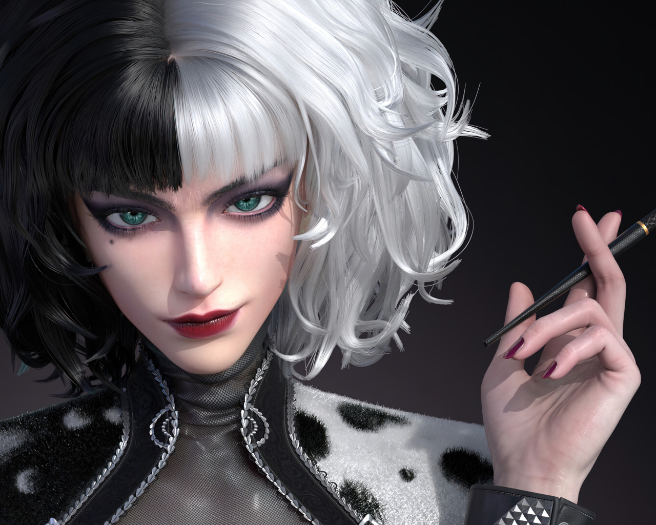 Зеленоглазая девушка Круэлла с сигаретой крупным планом