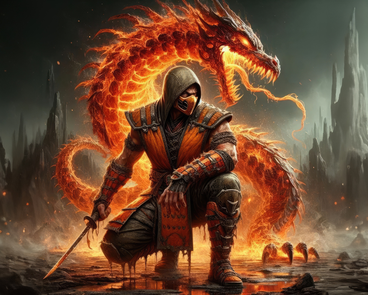 Скорпион самурай  с красным драконом