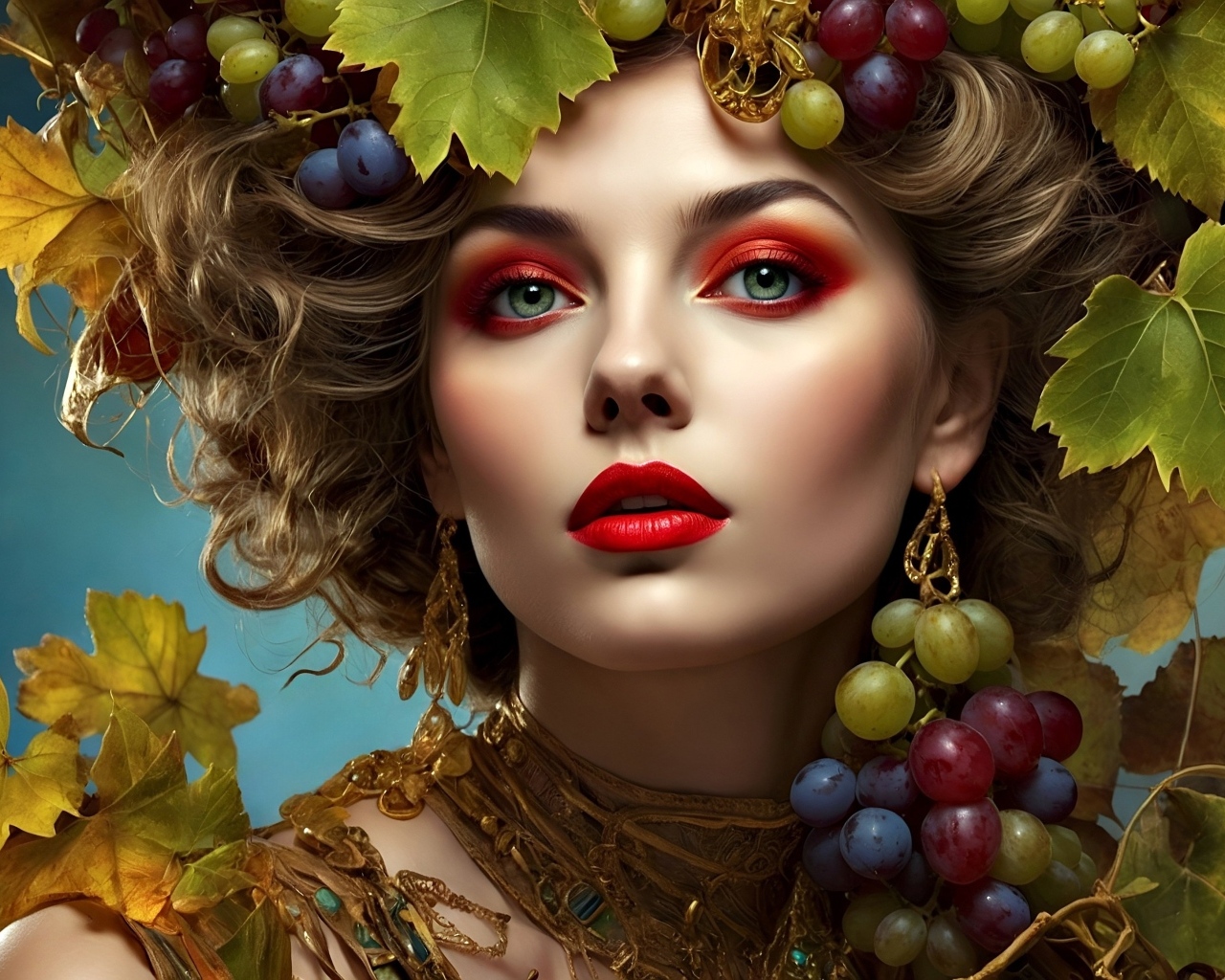 Красивая нарисованная девушка в винограде