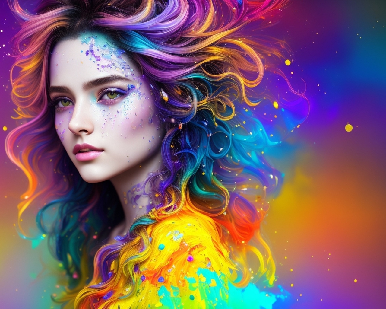 Красивая девушка с разноцветными волосами 3д графика