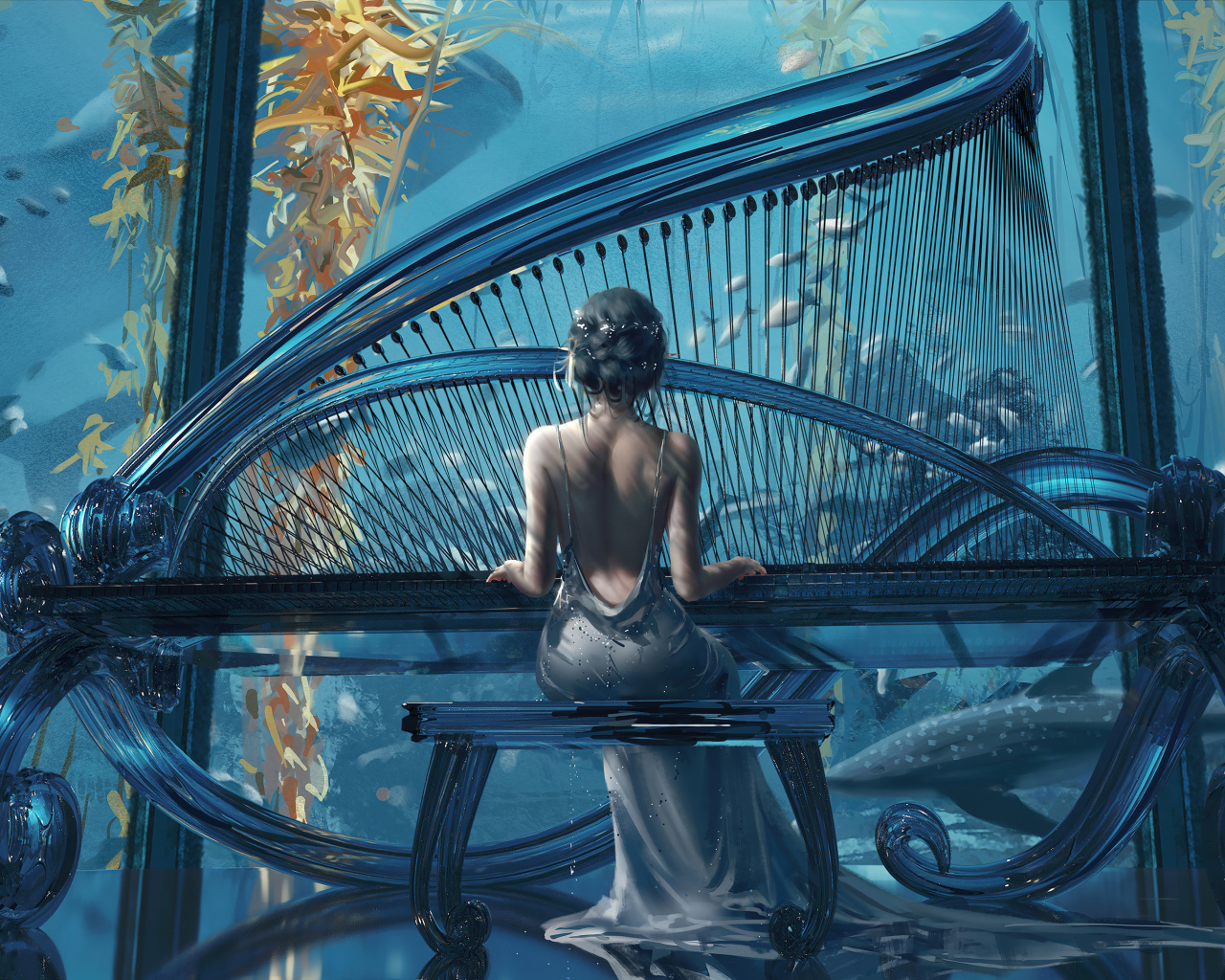 Девушка сидит за большим черным роялем