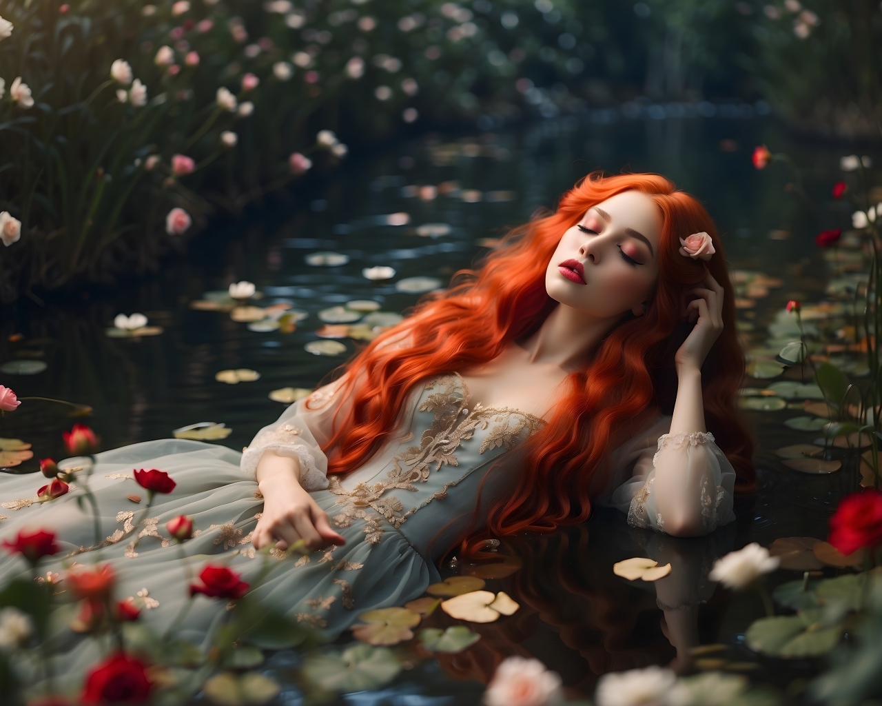 Рыжеволосая девушка в красивом платье лежит в воде