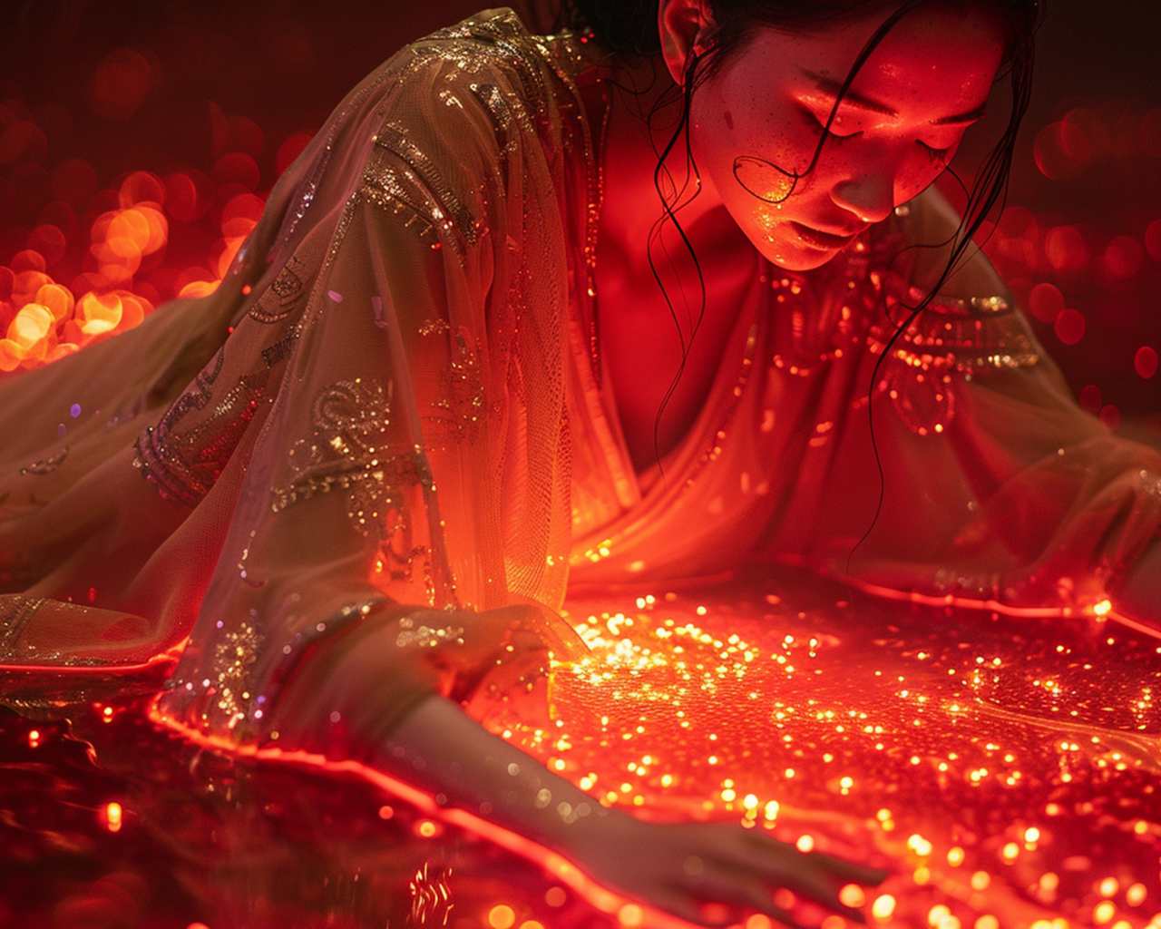 Девушка азиатка в красивом платье на светящемся фоне