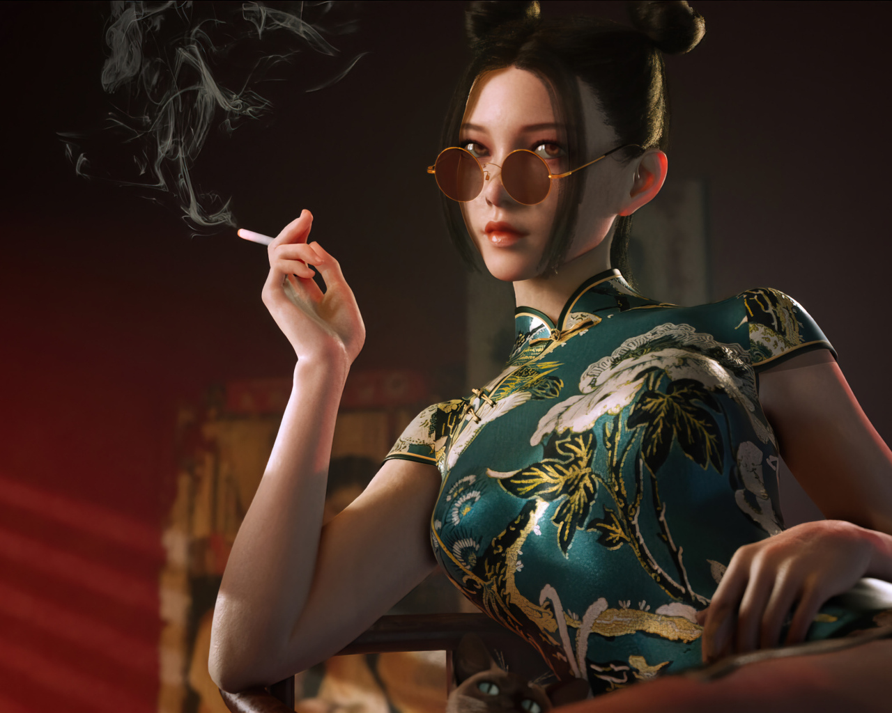 Девушка азиатка в красивом платье с сигаретой