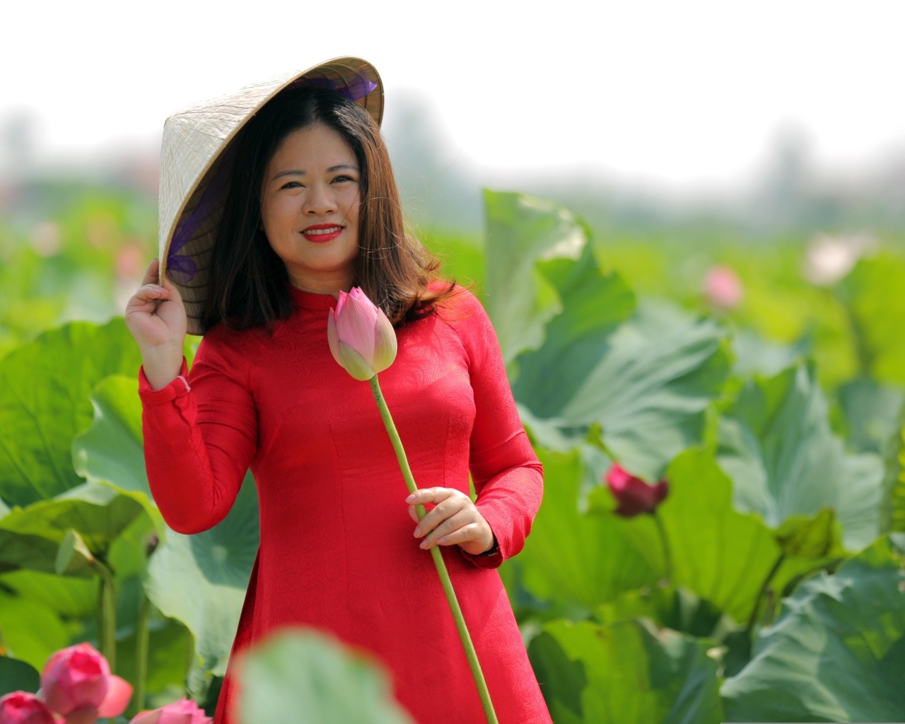 Девушка азиатка в красном платье у цветов лотоса