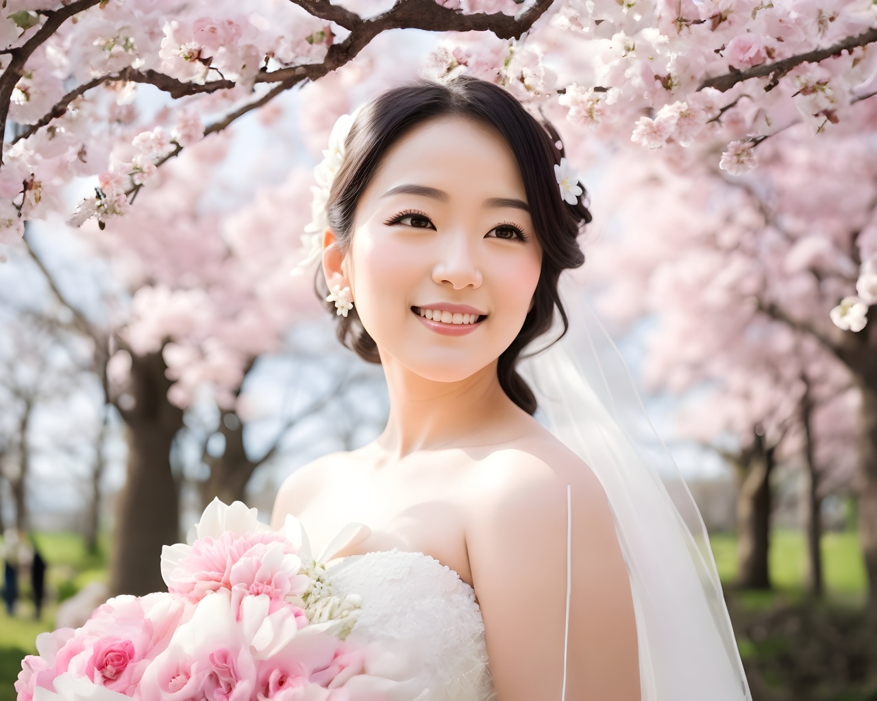 Красивая девушка азиатка в свадебном платье на фоне цветущих деревьев