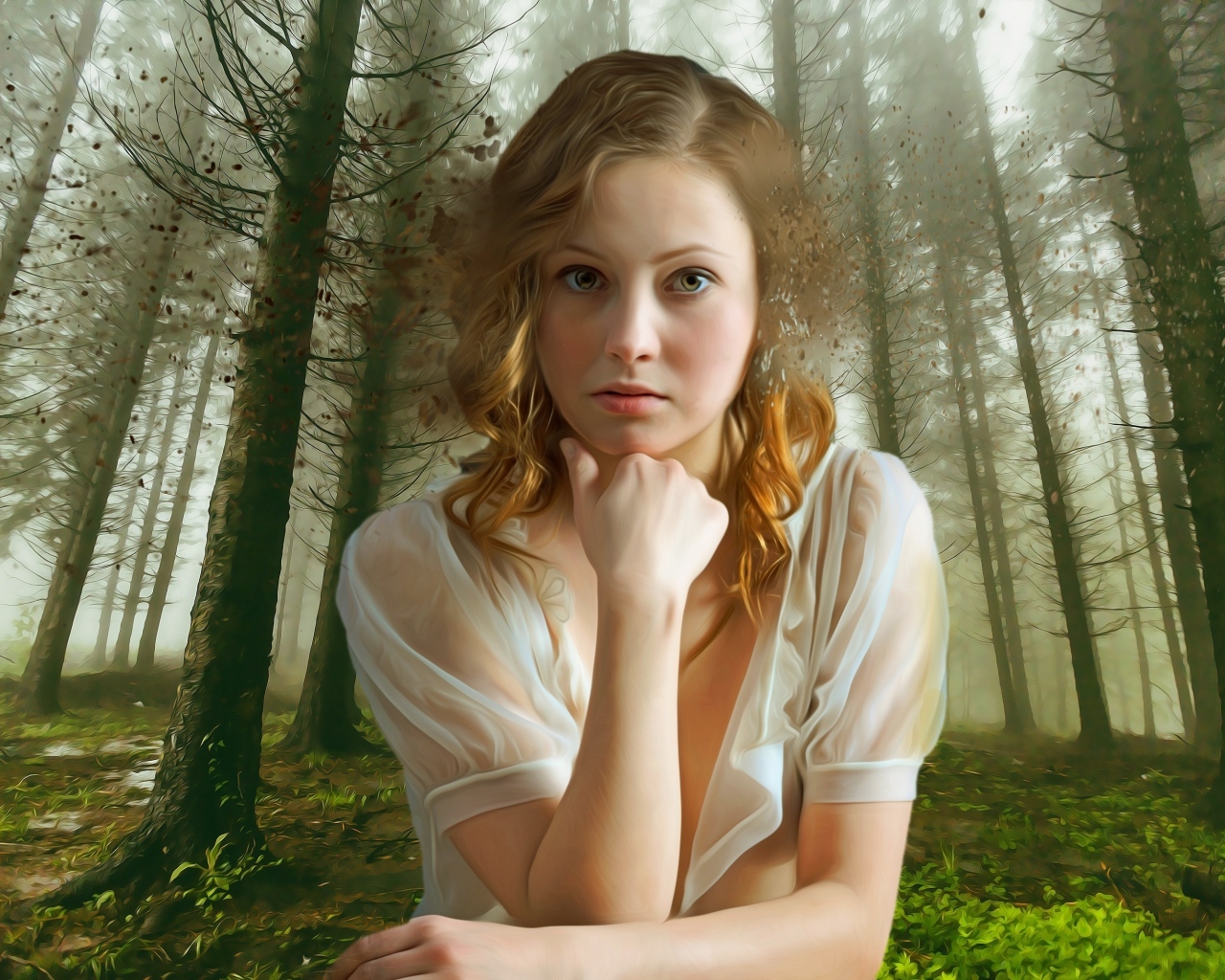 Красивая девушка на фоне нарисованного леса