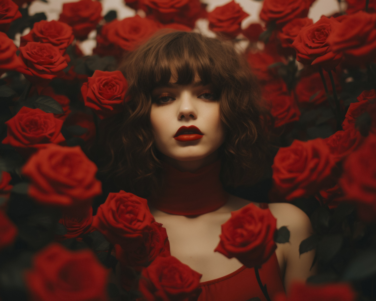 Красивая девушка в зарослях красных роз