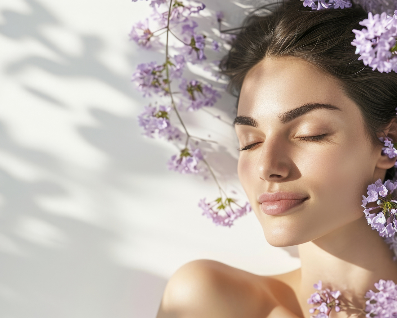 Красивая девушка с закрытыми глазами в цветах сирени