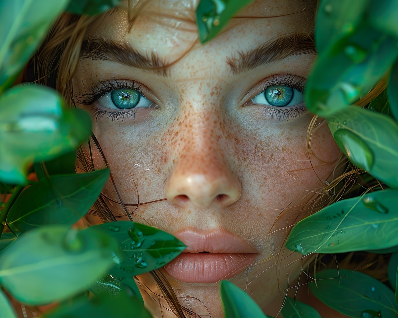 Красивая зеленоглазая девушка в зеленых листьях