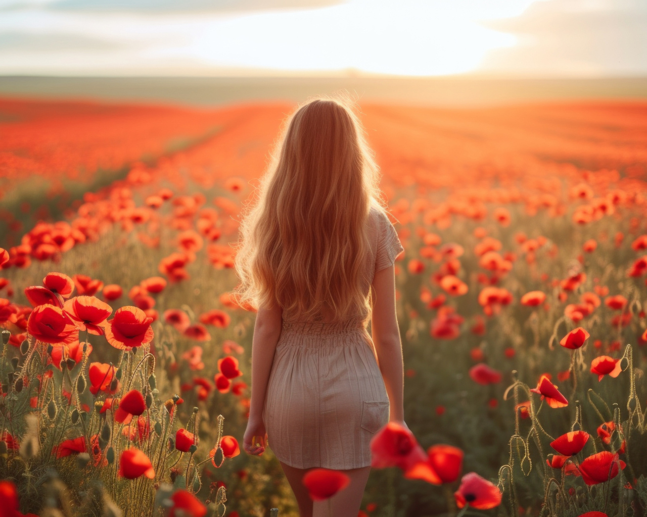 Красивая длинноволосая блондинка на поле с красными маками
