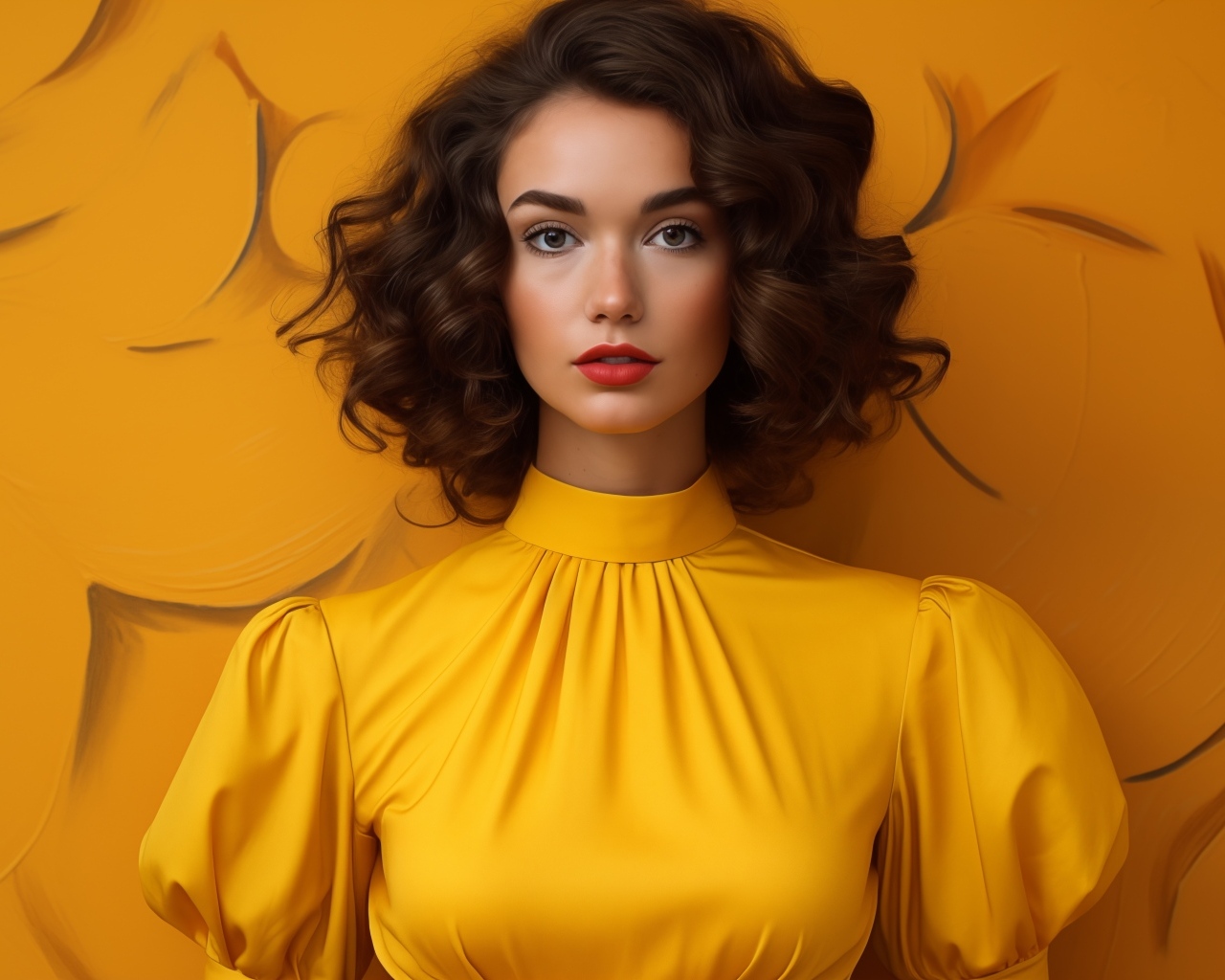 Брюнетка в желтом платье на оранжевом фоне