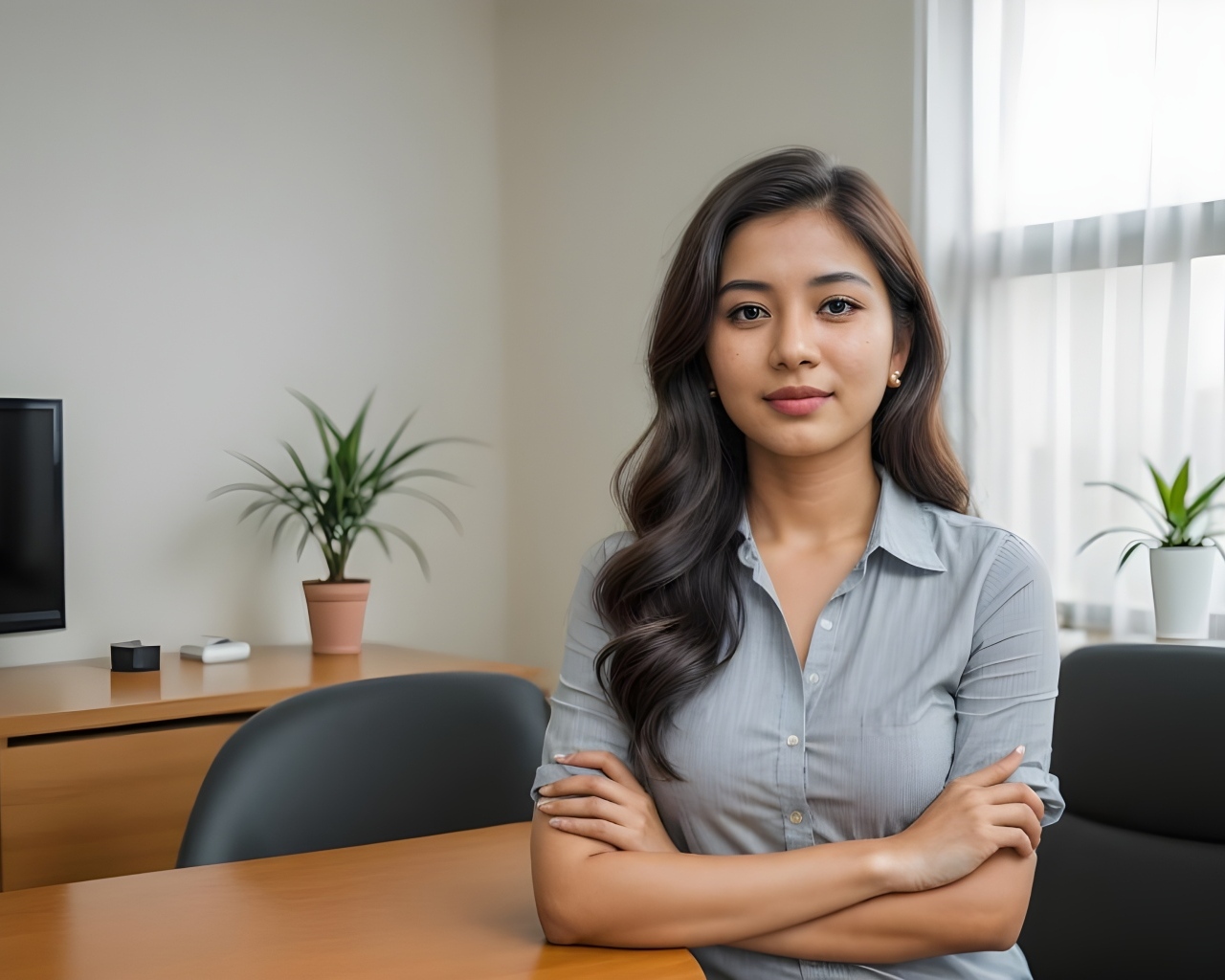 Милая девушка азиатка в серой рубашке за столом в офисе