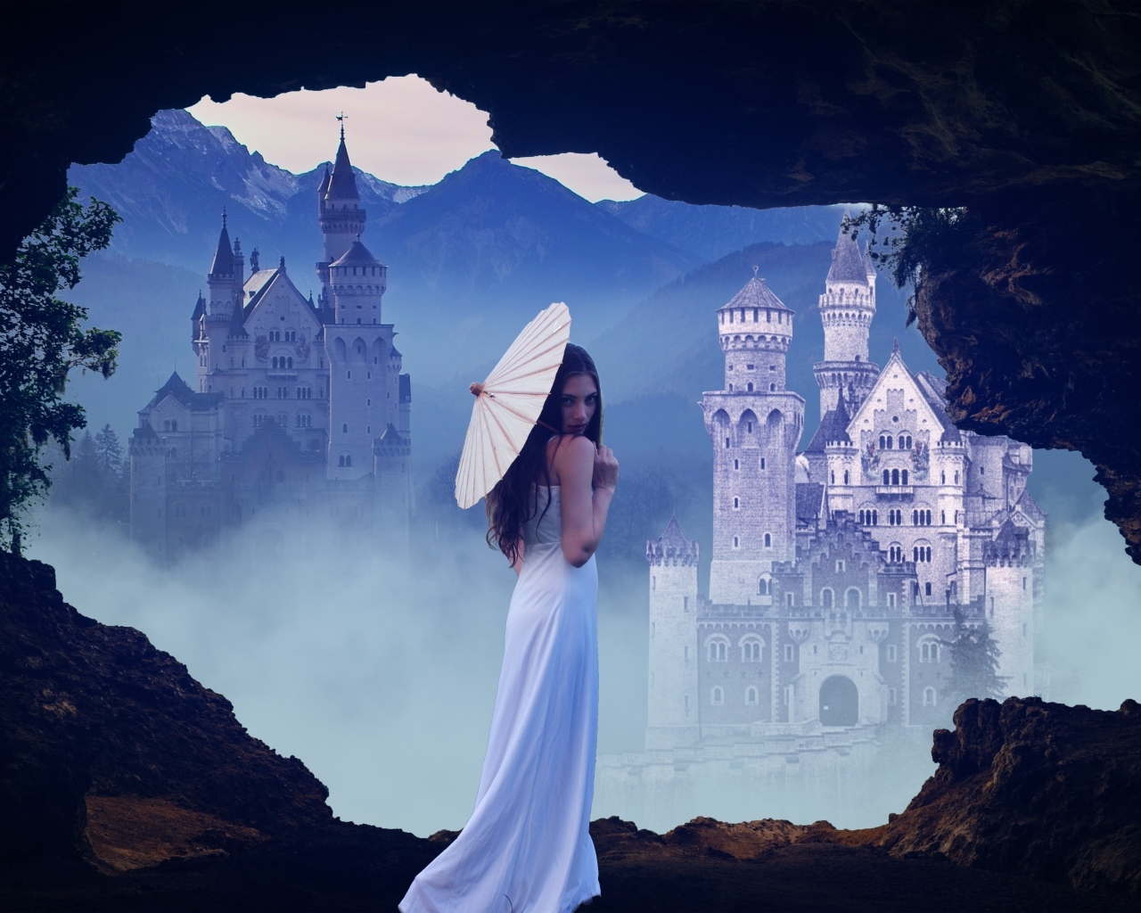 Девушка в белом платье с зонтом на фоне замка