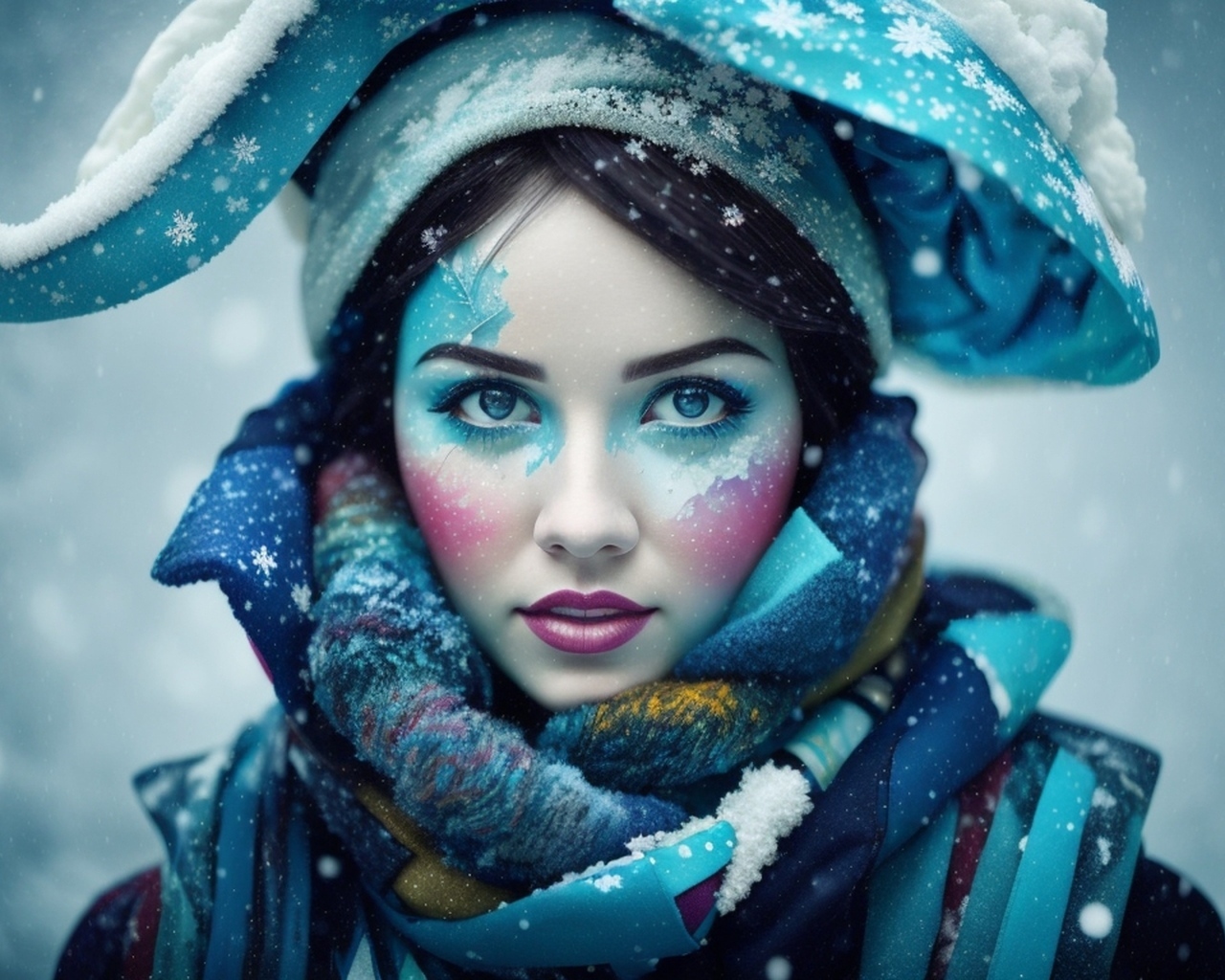 Девушка с краской на лице зимой