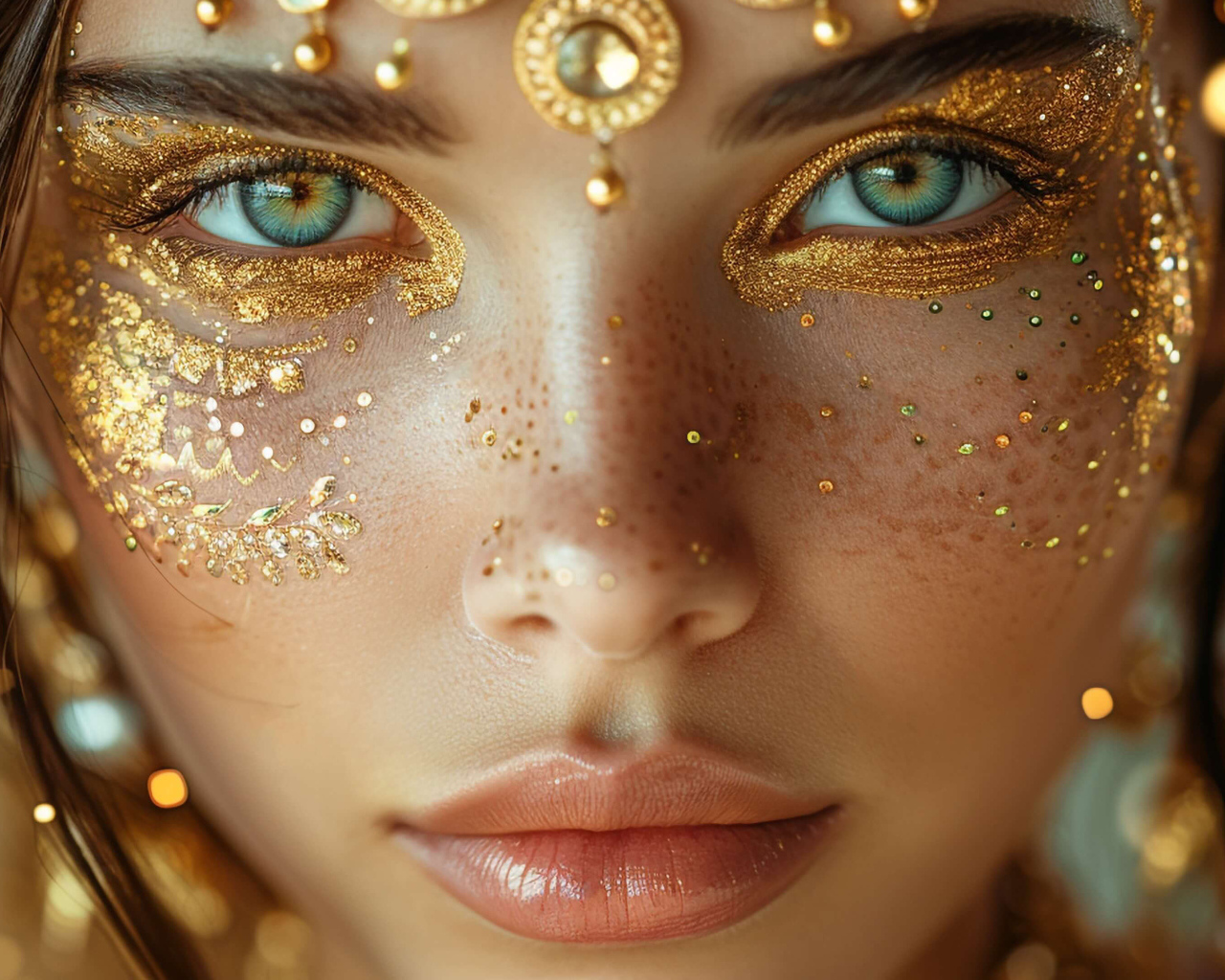 Зеленоглазая девушка с блестящим макияжем на лице