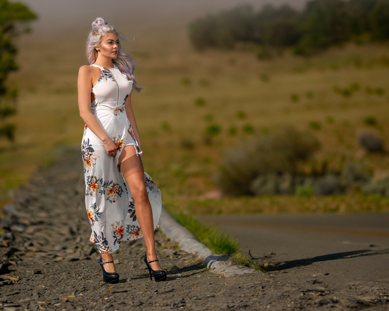 Длинноногая красивая девушка в платье у дороги