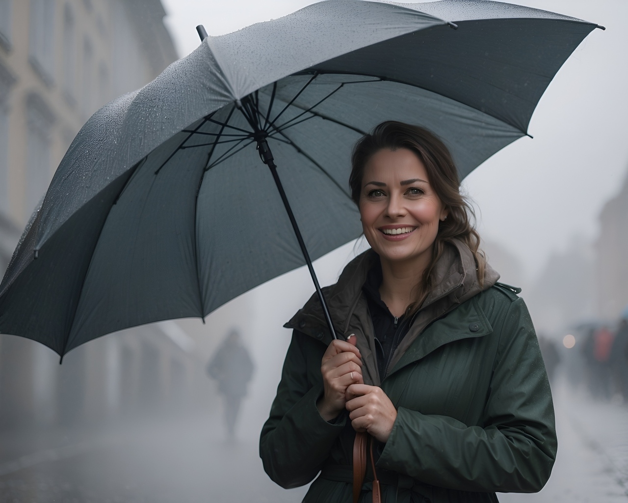 Улыбающаяся девушка под черным зонтом