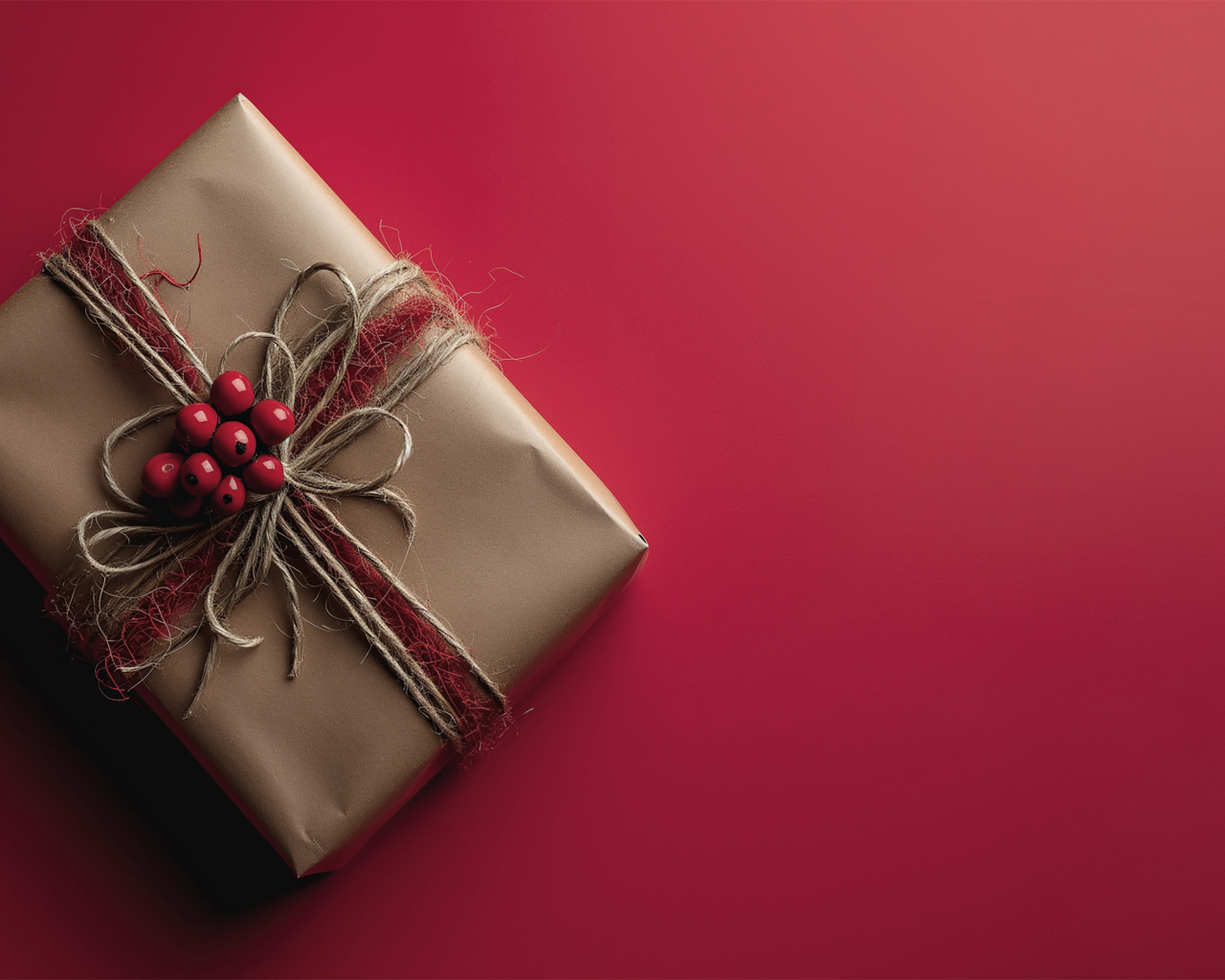 Подарок в бумаге на красном фоне