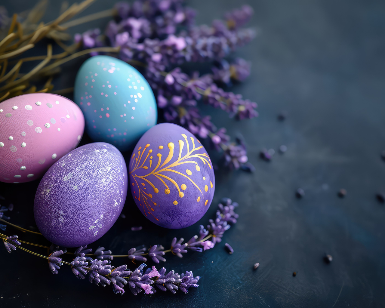 Красивые пасхальные яйца с веточками вербы на сером столе