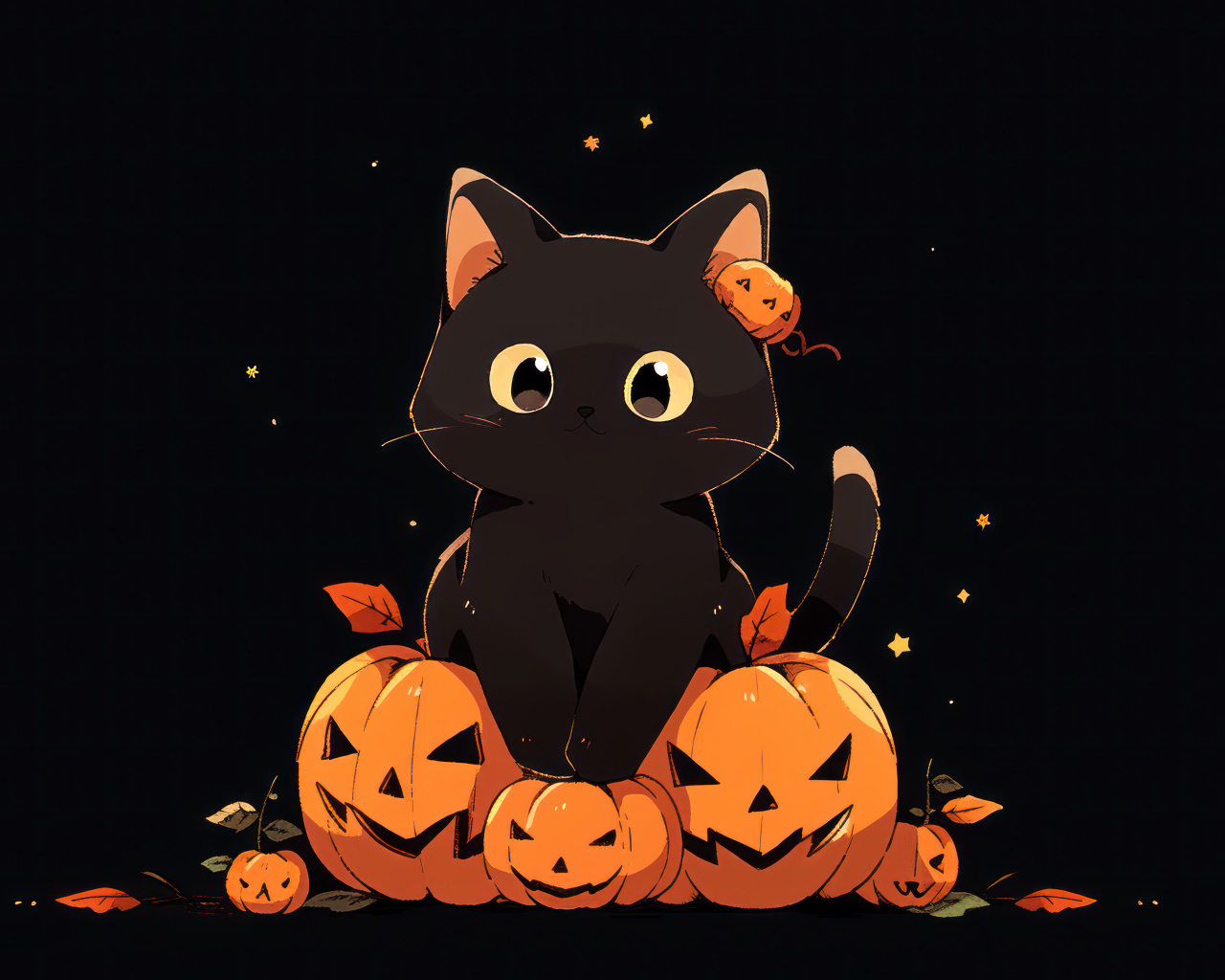 Маленький черный котенок с тыквами на Хэллоуин
