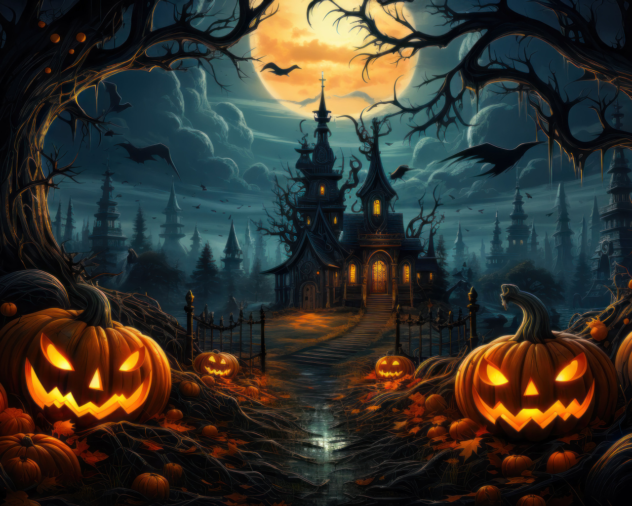 Тыквы освещают дорогу к старому черному замку