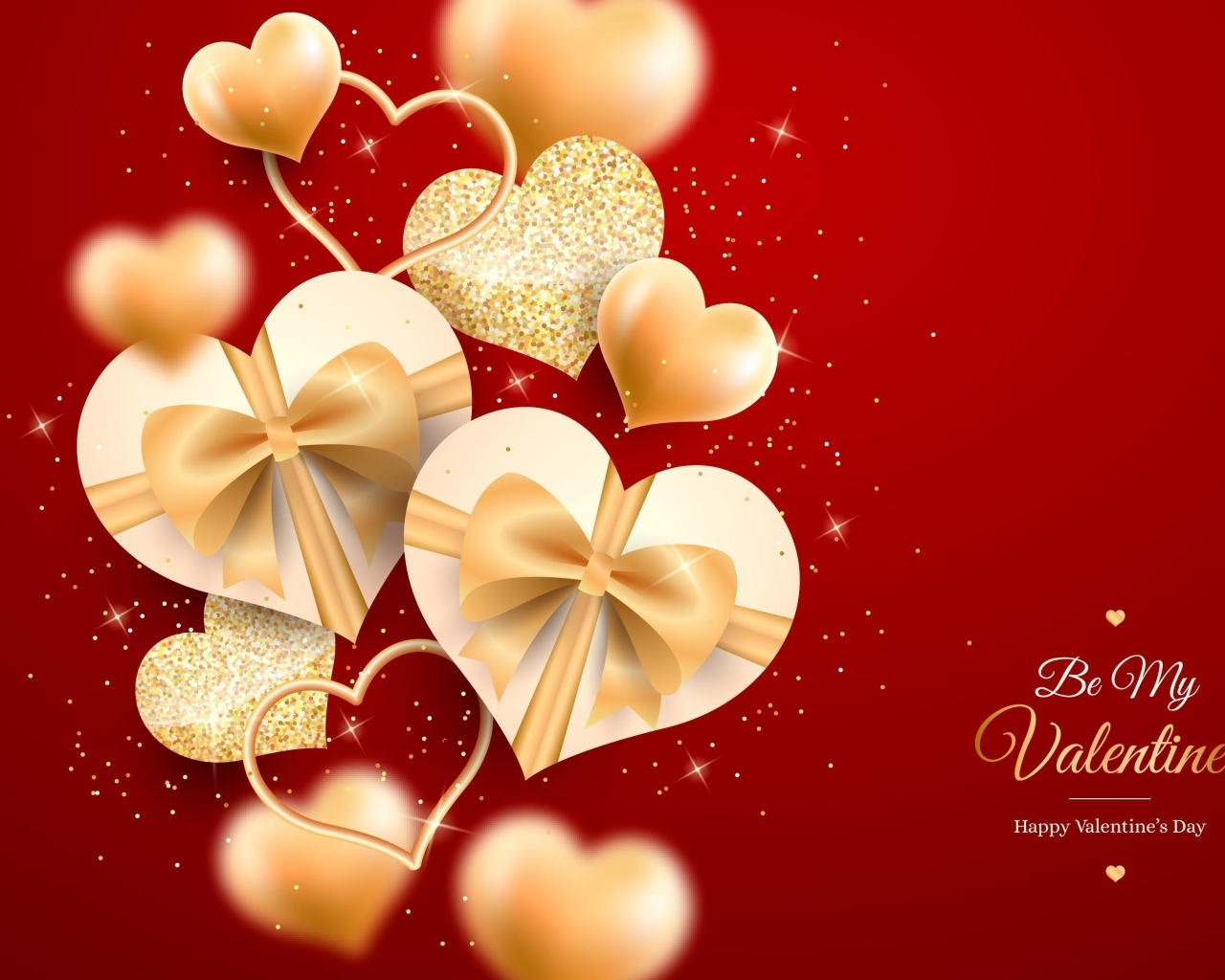 Золотые блестящие сердечки на красном фоне на День Влюбленных