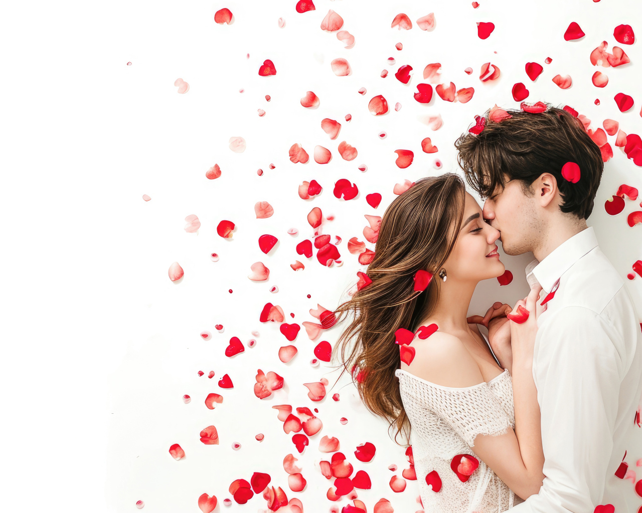 Красивая влюбленная пара в лепестках роз на белом фоне