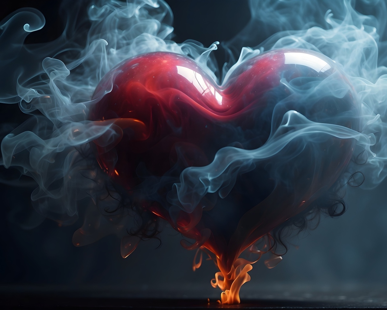 Большое горящее красное сердце в дыму