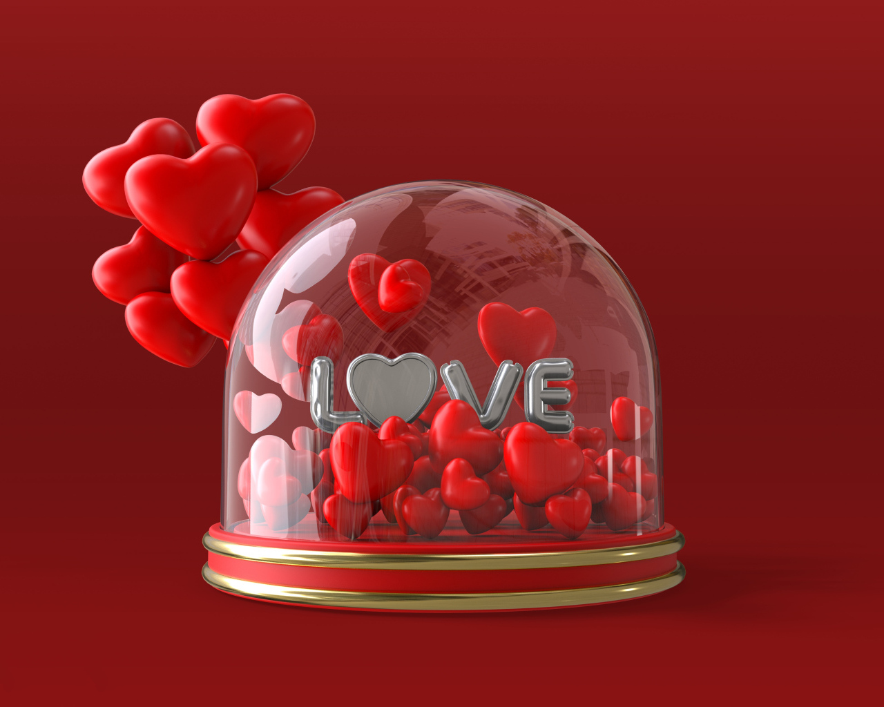 Коробка с красными сердечками на красном фоне