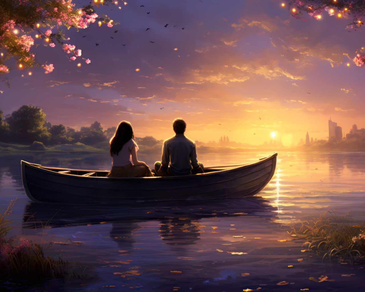 Влюбленная пара в лодке на озере на закате