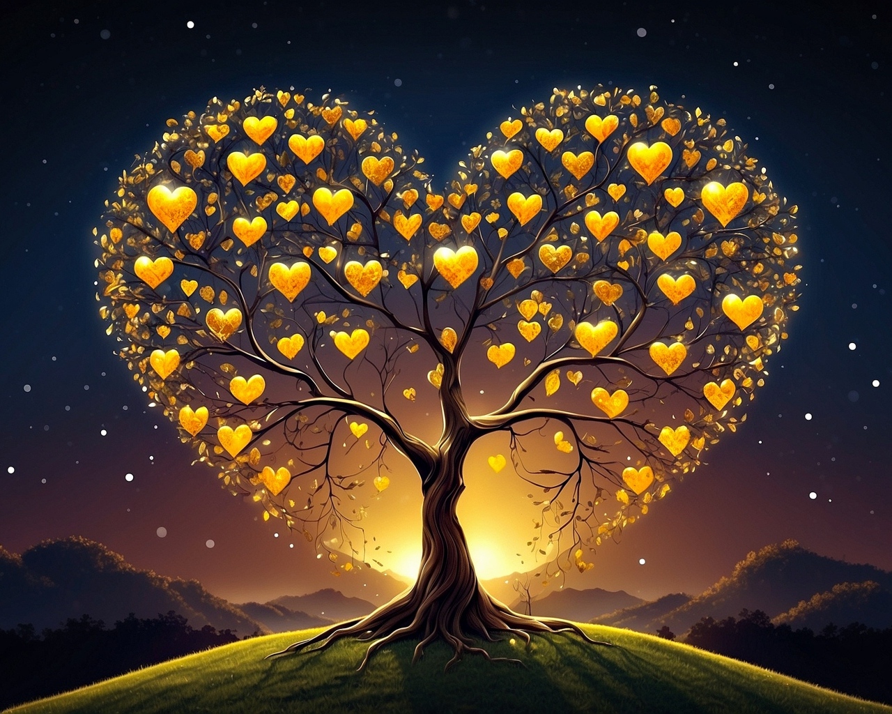 Дерево в форме сердца с золотыми листьями