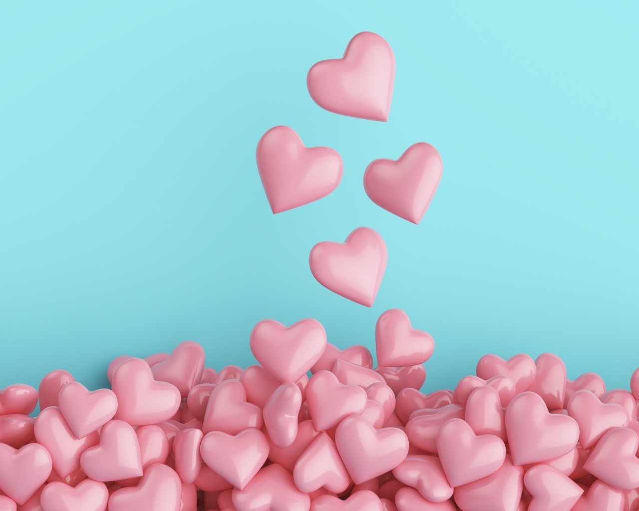 Много розовых сердечек на голубом фоне