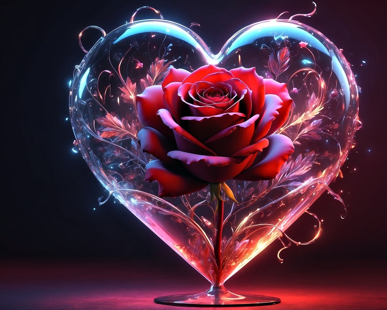 Красная роза в большом прозрачном сердце