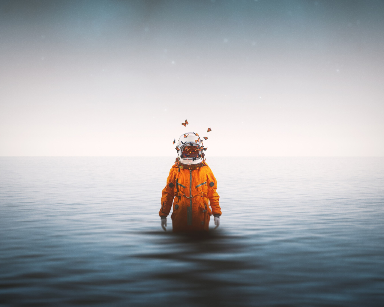 Аквалангист в костюме выходит из моря