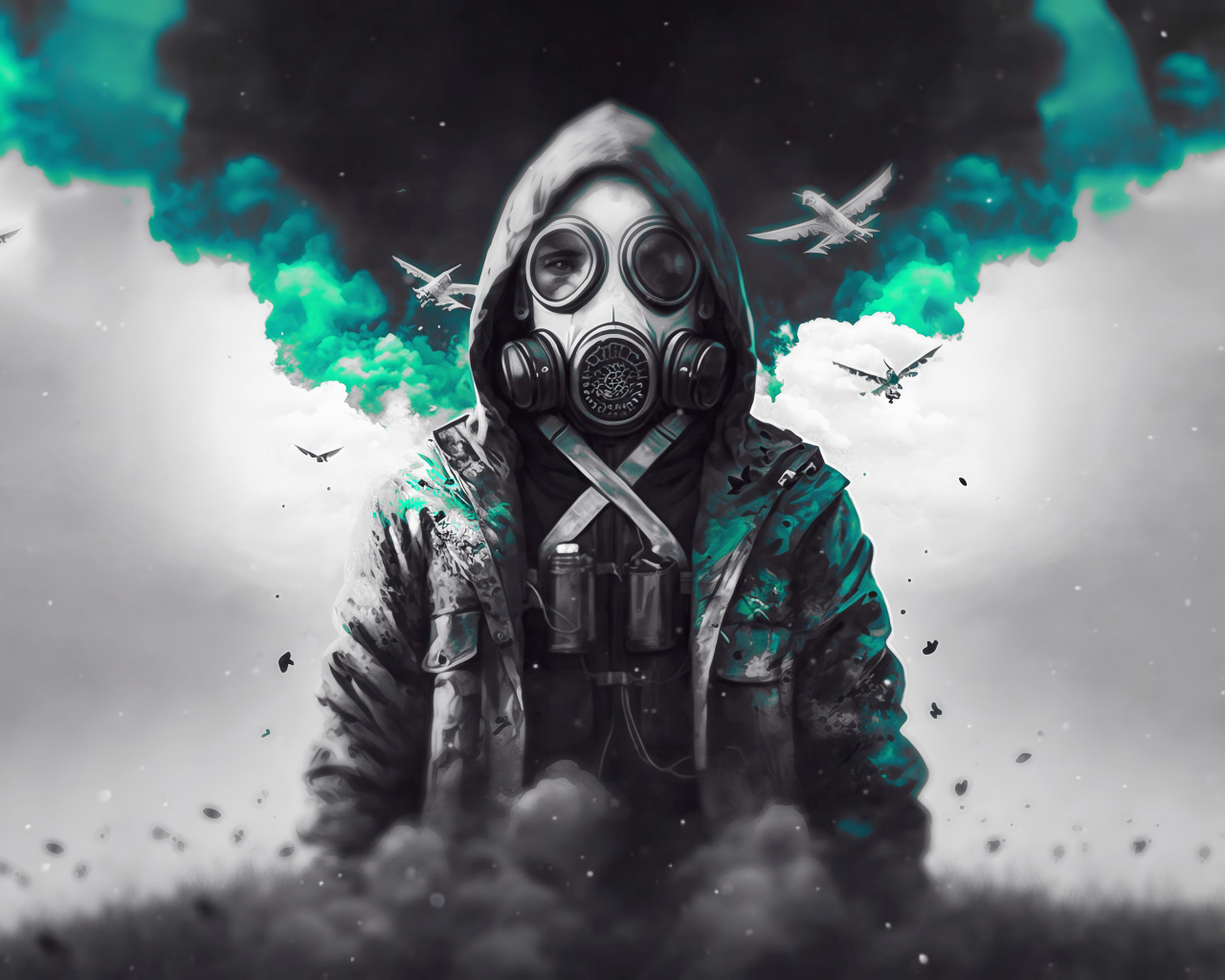 Мужчина в противогазе в дыму